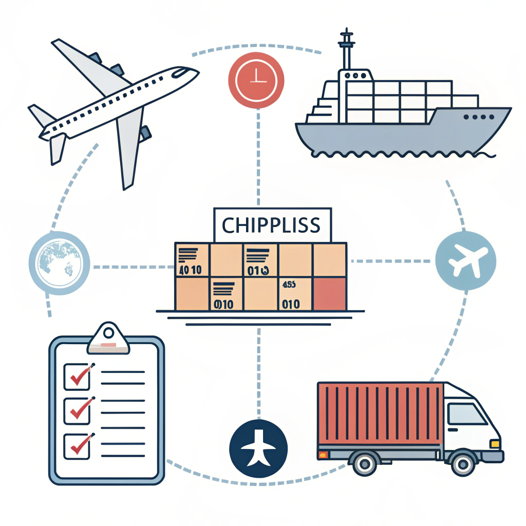 Minimalist 2D illustration of shipping methods and planning for China-USA logistics.