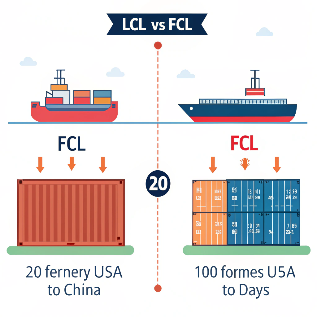 Simple 2D illustration comparing LCL and FCL container shipping times visually.