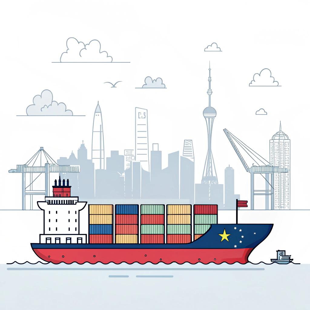 minimalist illustration of container ship sailing from China to USA ports in flat style