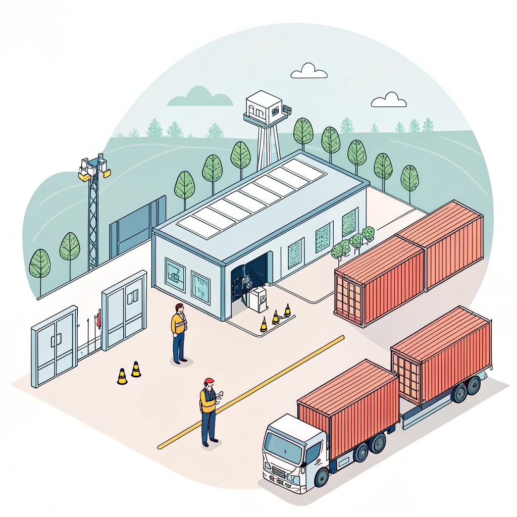Minimalist 2D illustration of port customs clearance and warehouses near containers
