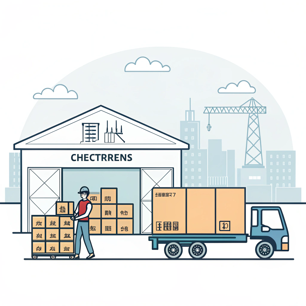 Illustration of warehouse loading electronics onto truck near port in Shenzhen