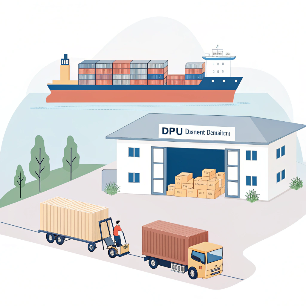Minimalist 2D illustration of cargo delivery and unloading under DPU at warehouse dock