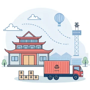 Simplified 2D illustration of FCA shipping showing cargo handover from Chinese factory to carrier