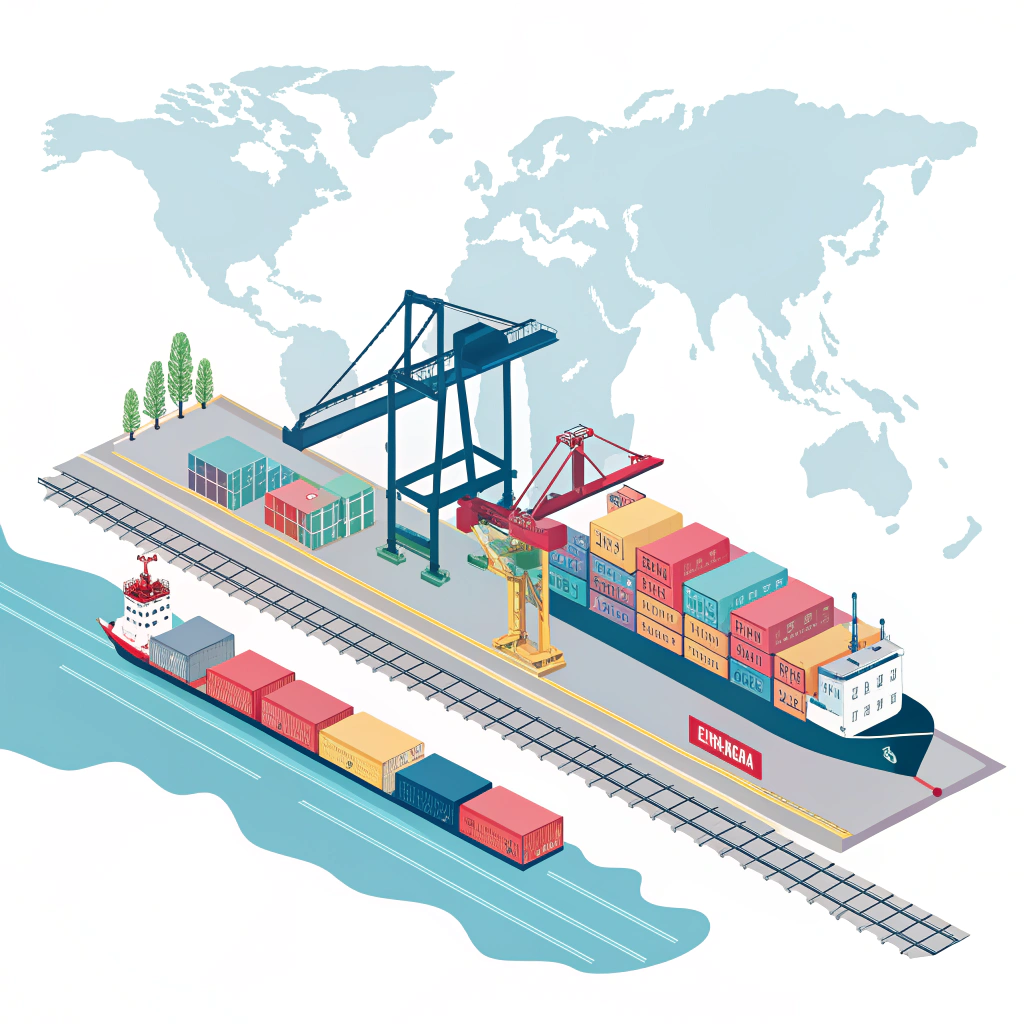 Simplified 2D illustration of Mexican ports, container cranes, ships, and intermodal rail connections