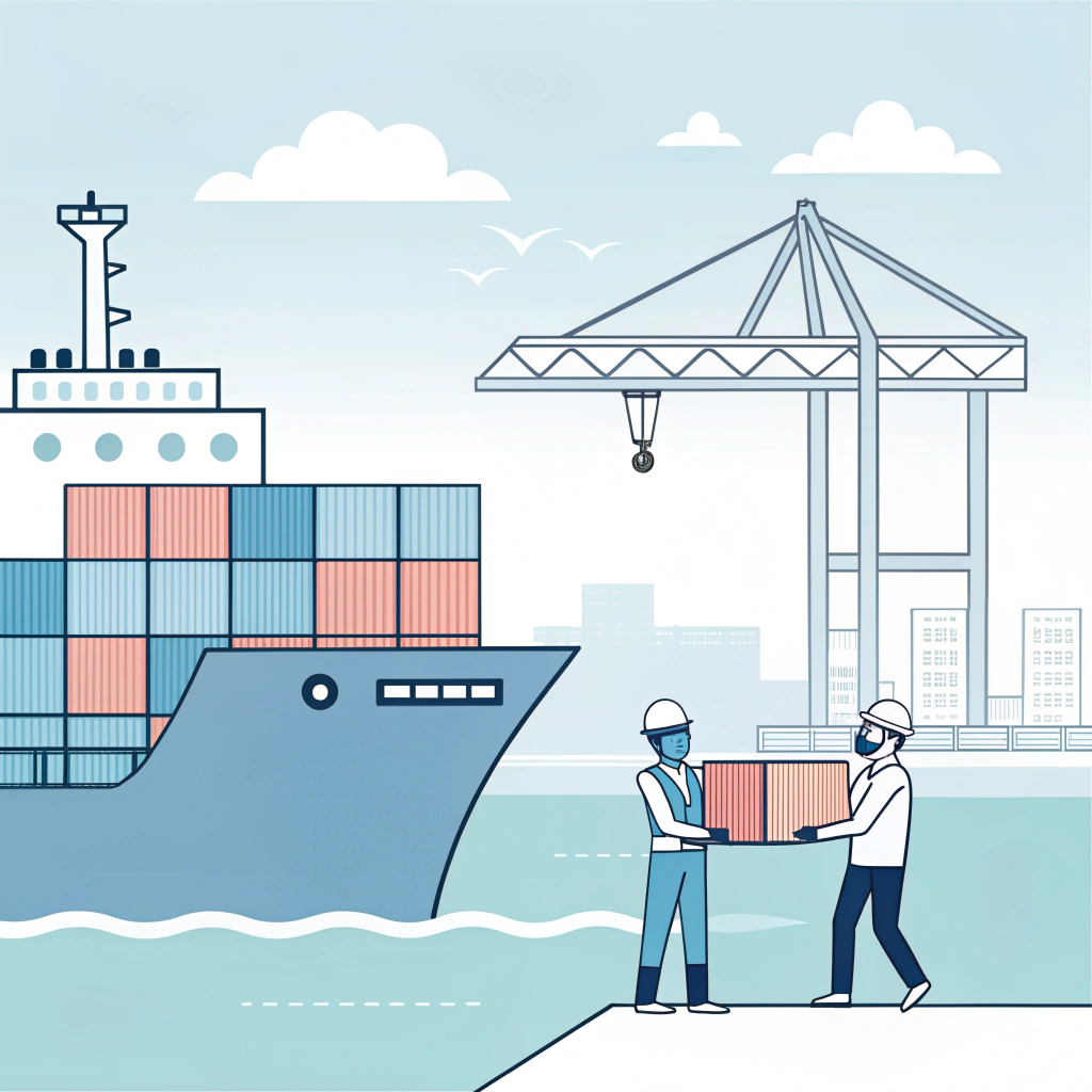 Minimalist illustration of cargo being loaded onto ship showing risk transfer
