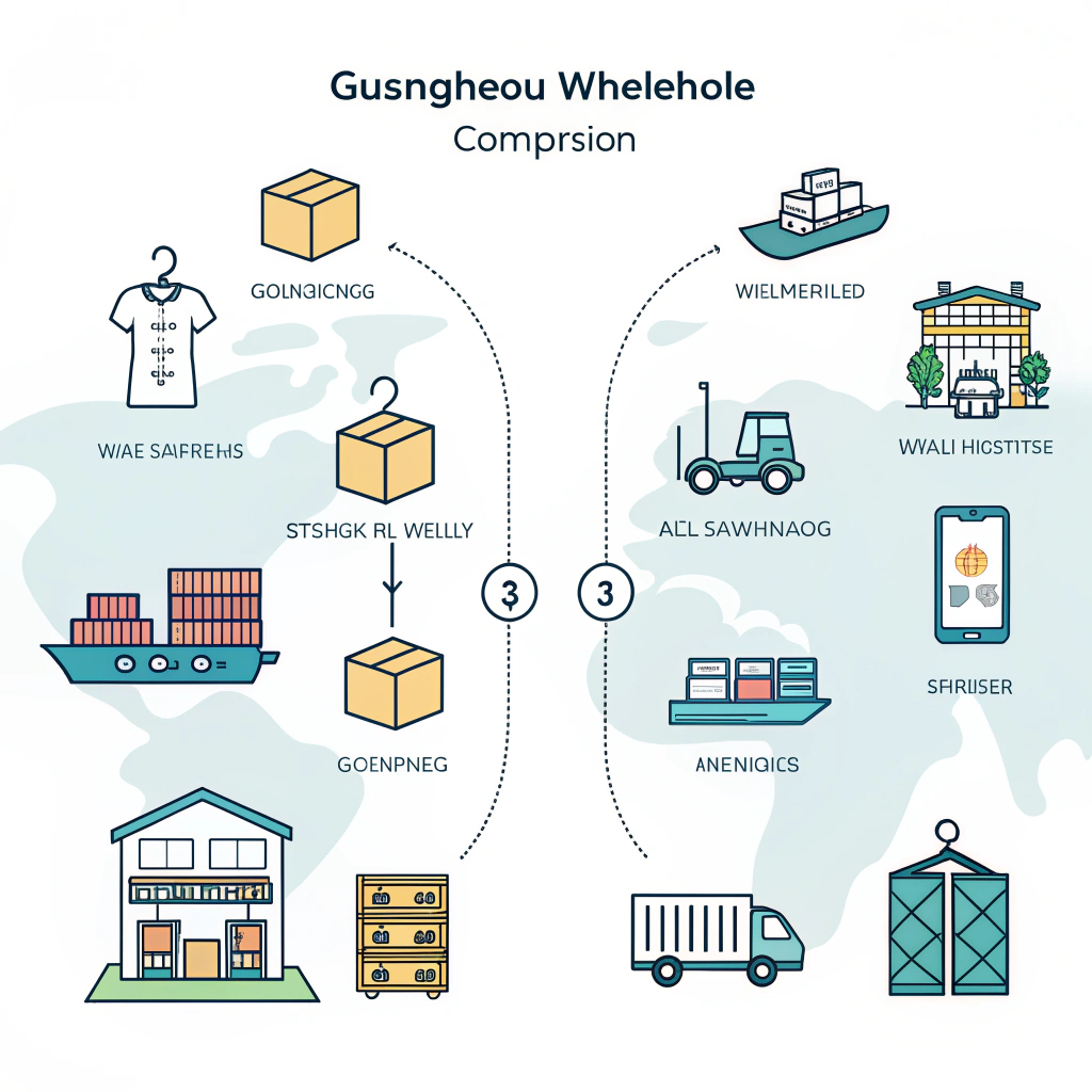 Illustration of Yiwu and Guangzhou markets with freight transport and product variety icons