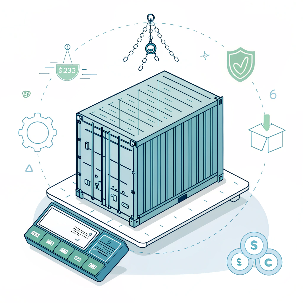 Minimalist 2D illustration of a shipping container on a scale for verified gross mass compliance