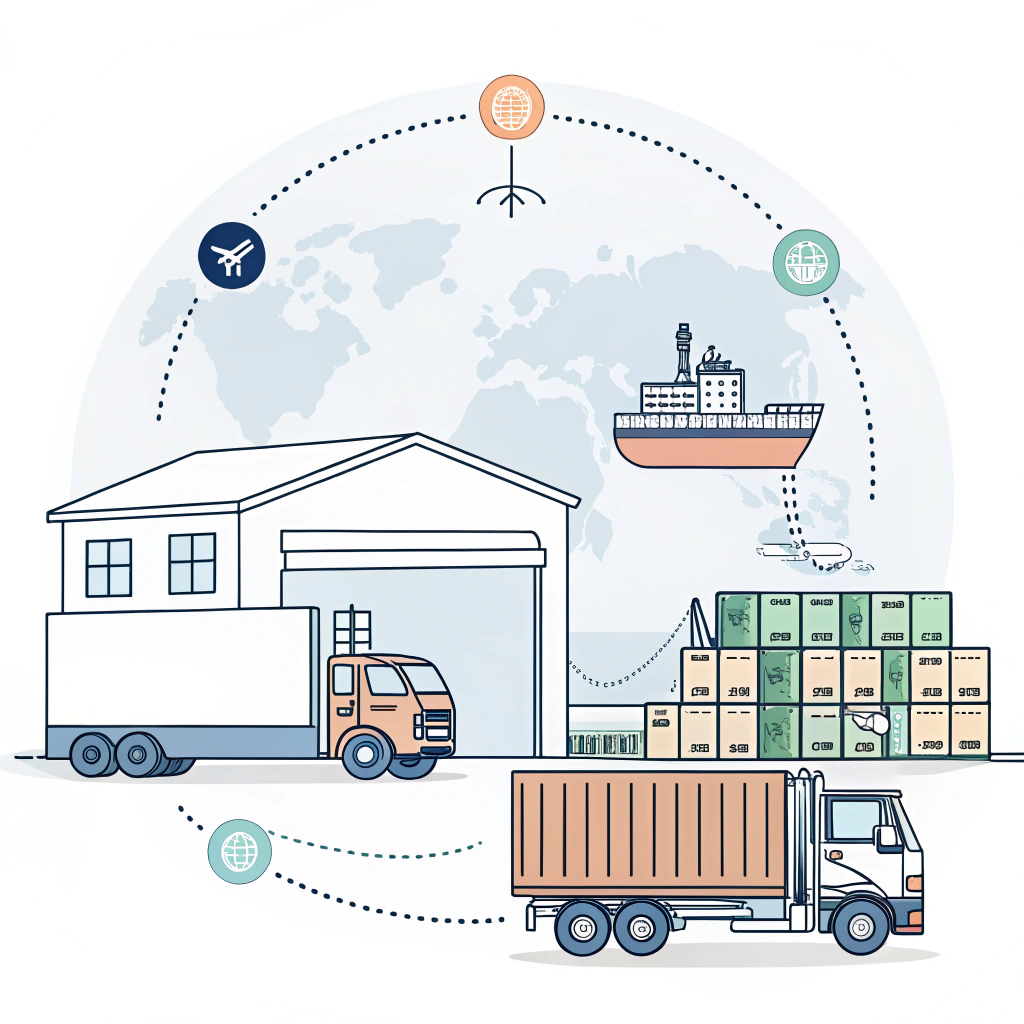Minimalist illustration of cargo truck loading at port showing CPT shipping logistics and risk transfer icons