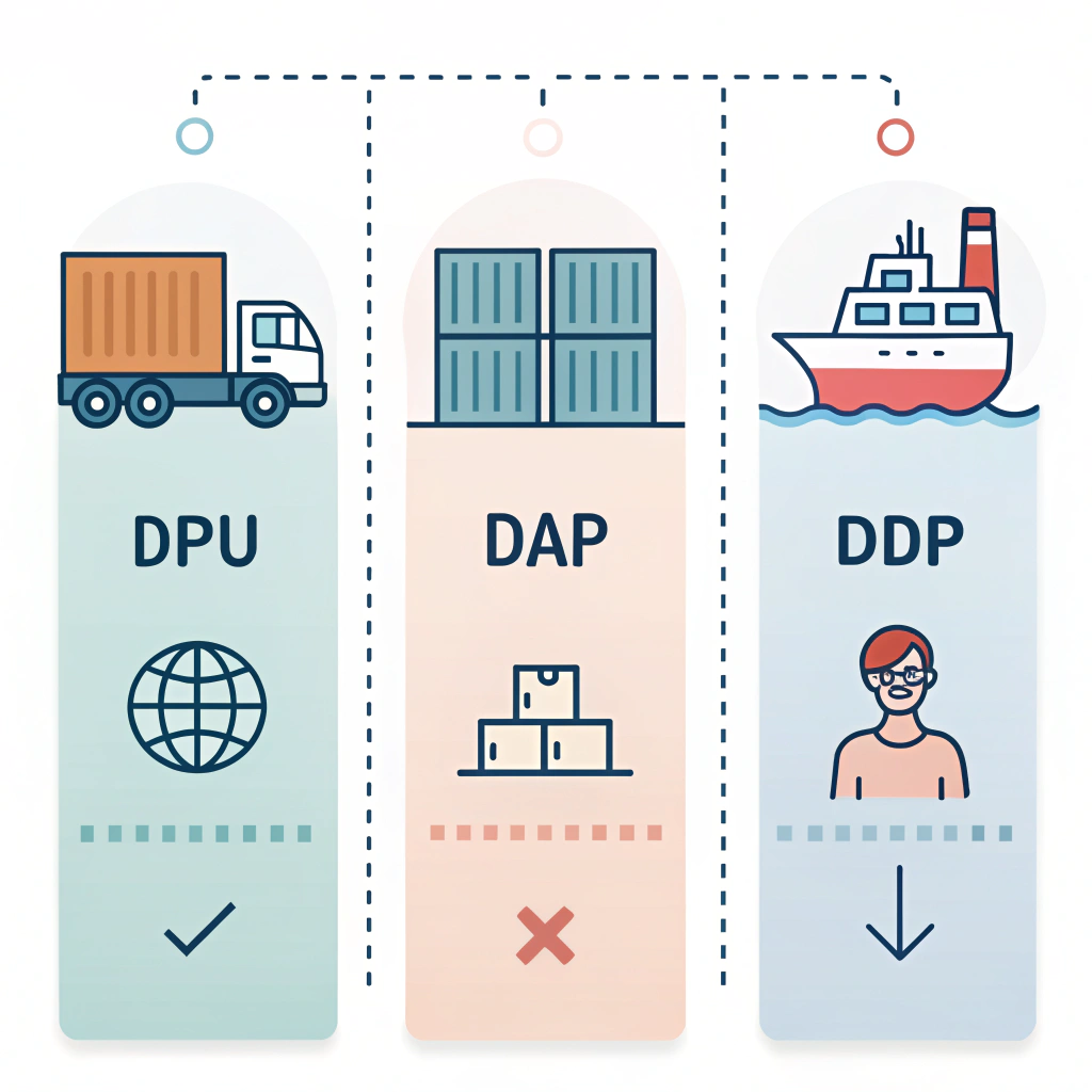 minimalist 2D illustration comparing DPU, DAP, and DDP Incoterms responsibilities