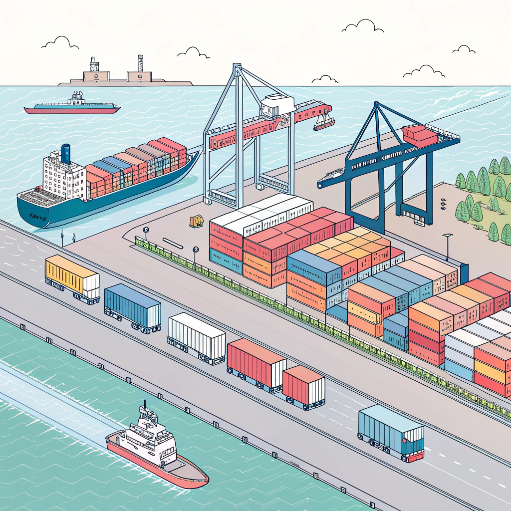 Simplified 2D illustration of U.S. port with ships, containers, trains, and trucks