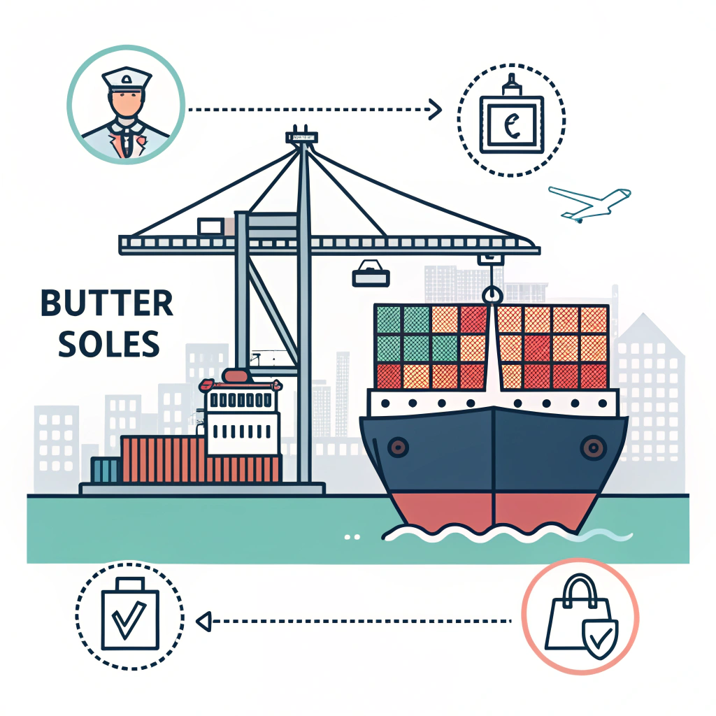 Minimalist 2D illustration of container ship loading cargo with buyer and seller responsibilities at port