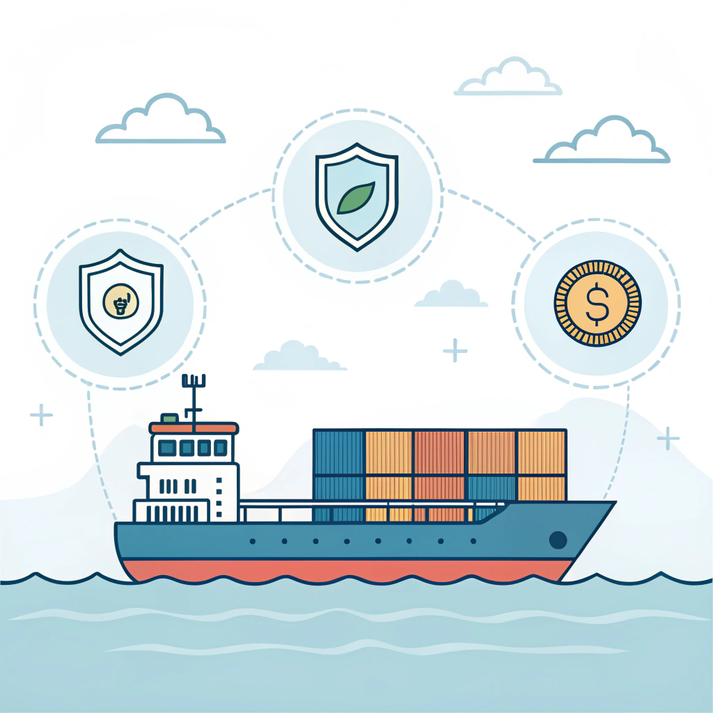 2D flat illustration of cargo ship with cost, insurance, and freight icons on ocean background