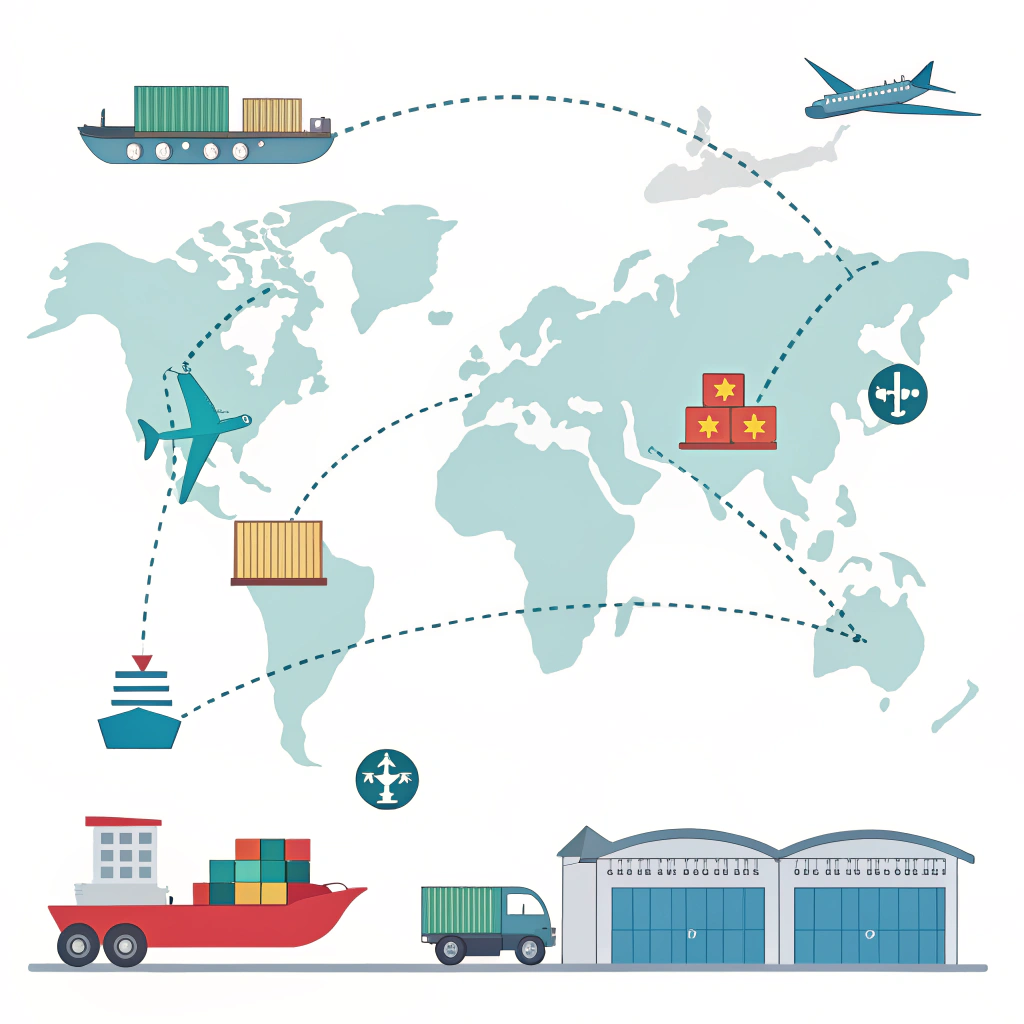 Minimal 2D illustration of freight ships, planes, trucks, and warehouses connected in China logistics network
