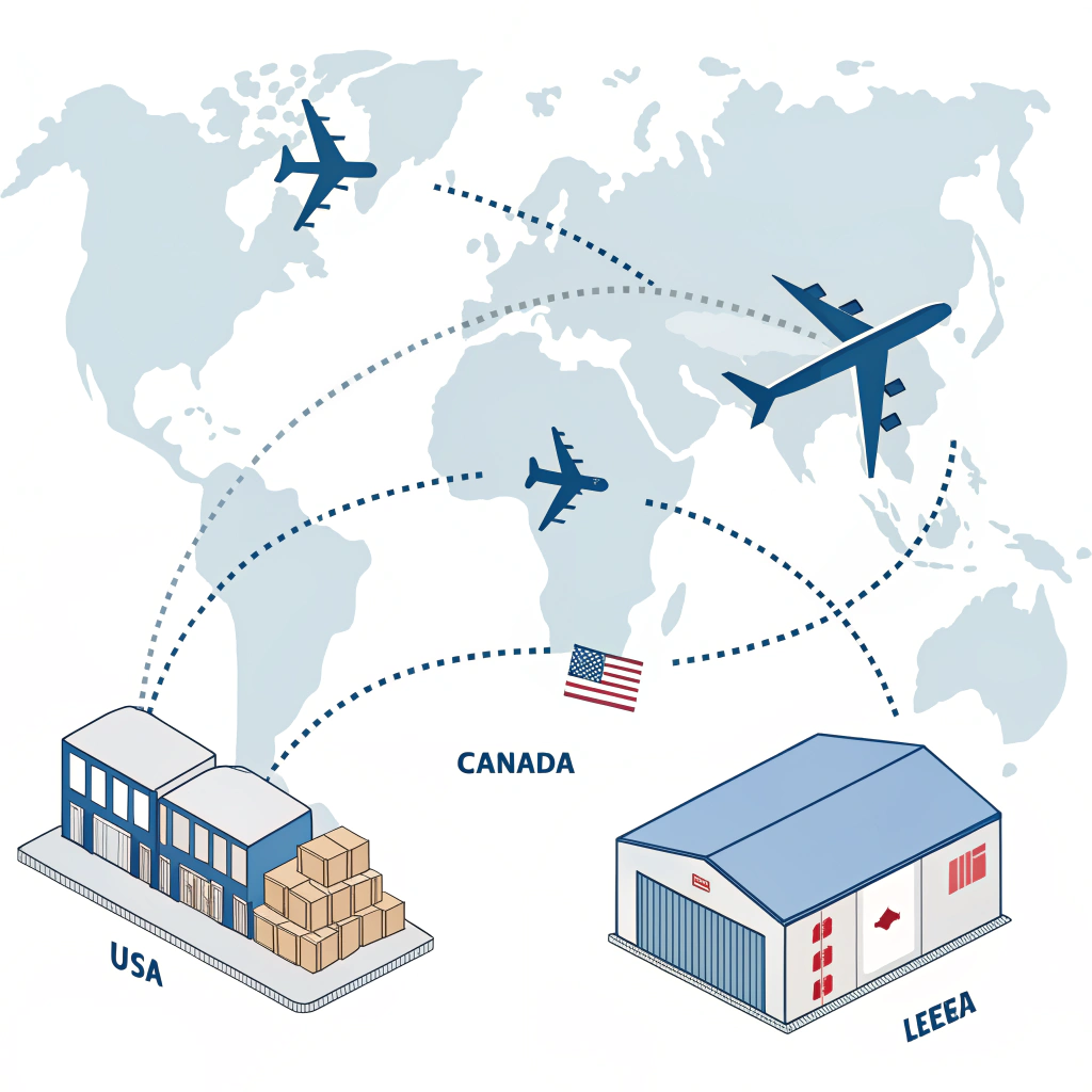Simplified illustration of air freight routes from China to global regions highlighting consolidation and delivery