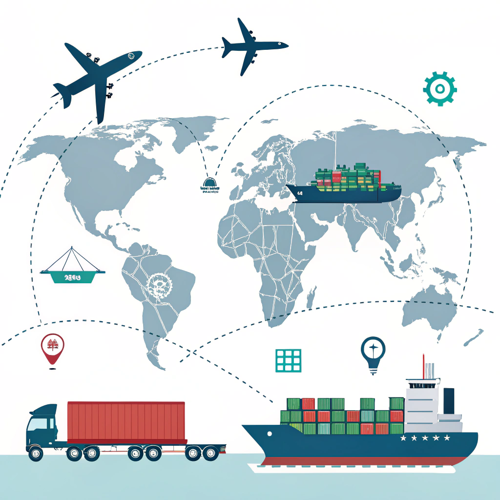 Minimalistic 2D illustration of global logistics with cargo ships, planes, trucks, and warehouses connected
