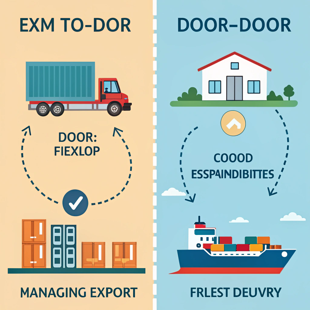 Side-by-side vector comparison of EXW vs Door-to-Door shipping responsibilities