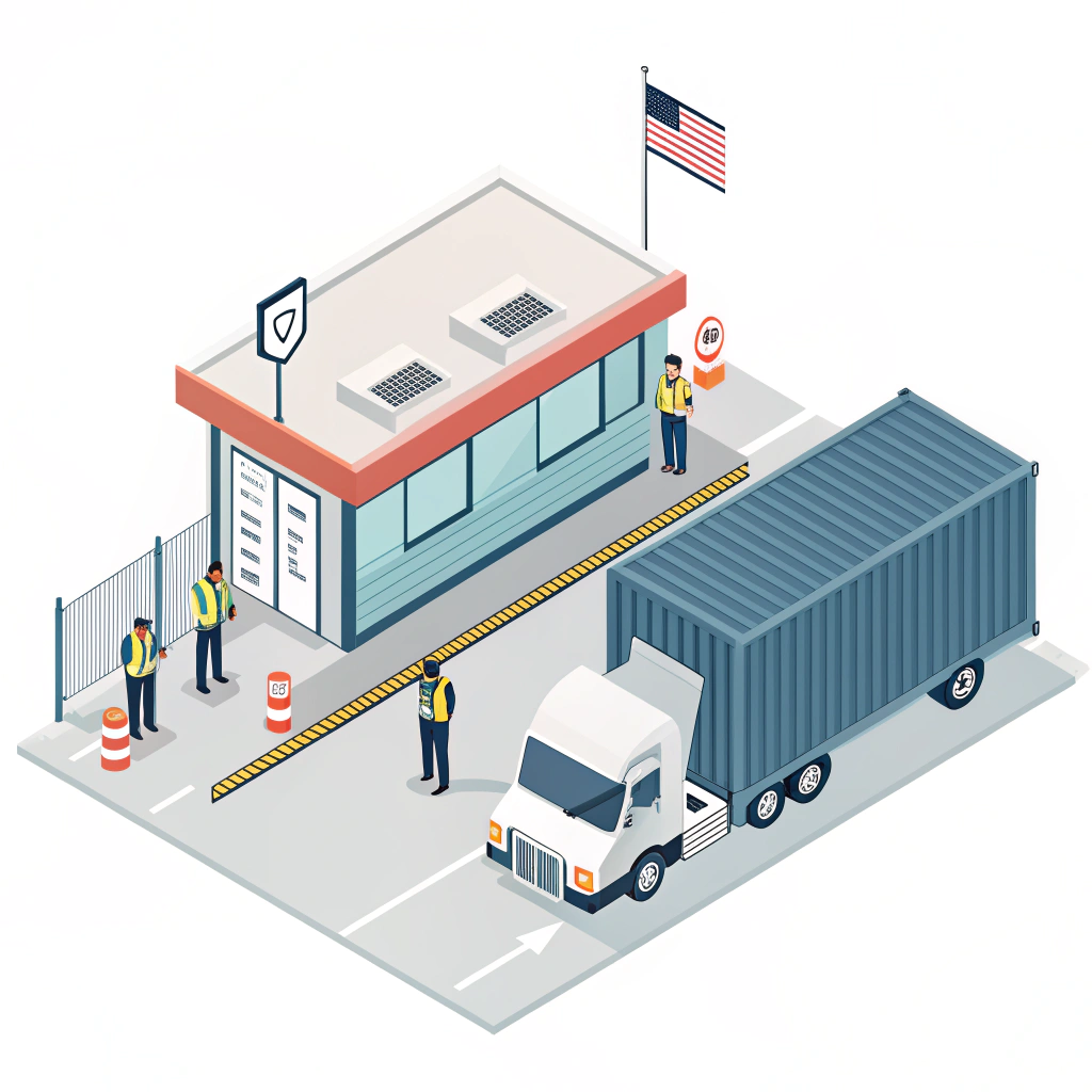 Flat style illustration of container inspection at U.S. customs checkpoint at port