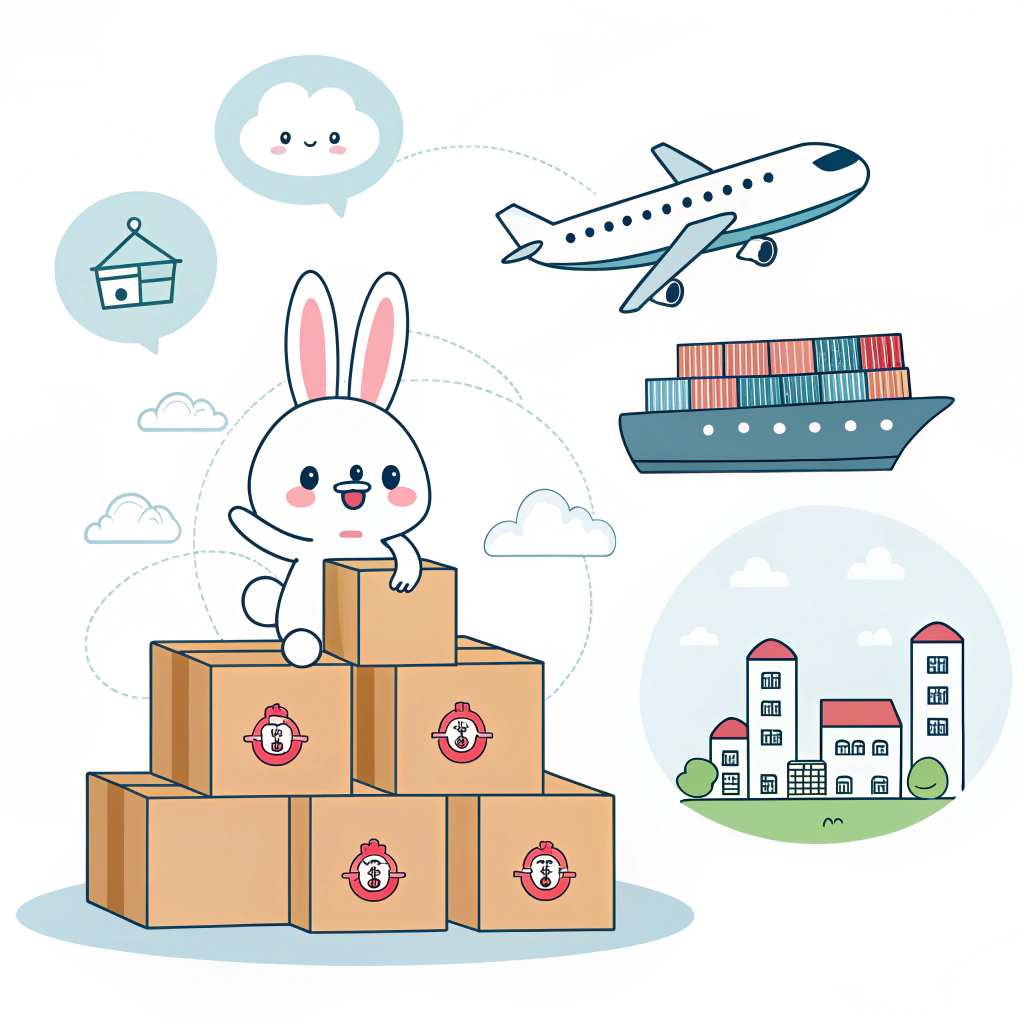 Colorful 2D illustration of Labubu toys with airplane, cargo ship, and delivery trucks for shipping