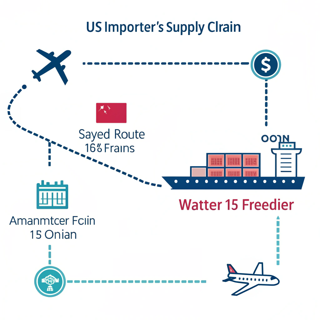 Simple 2D illustration showing ocean and air freight transit times for US importer supply chain.