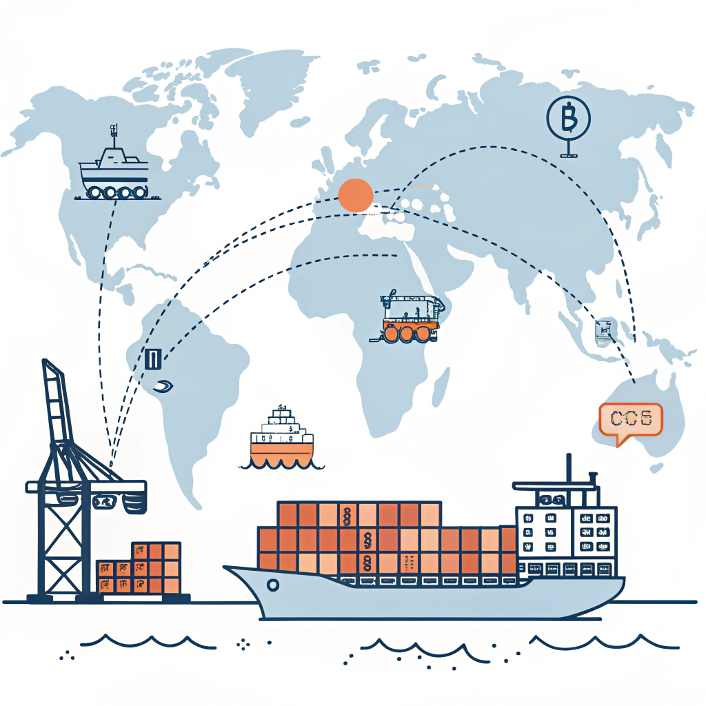 minimalist 2D cargo ship navigating global routes with alternative lanes and congested ports ---