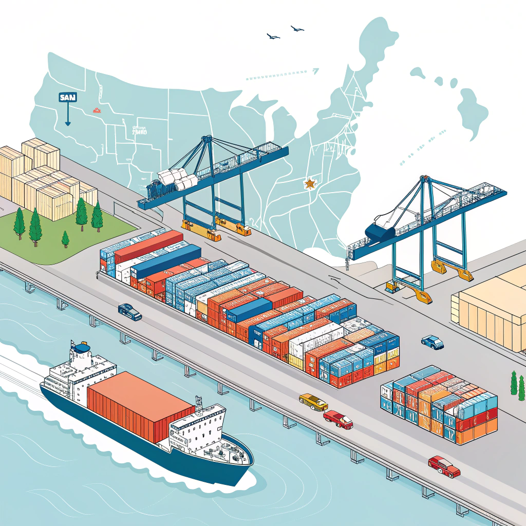 Simplified 2D illustration of U.S. seaport with ships, containers, cranes, trucks, and trains representing global logistics