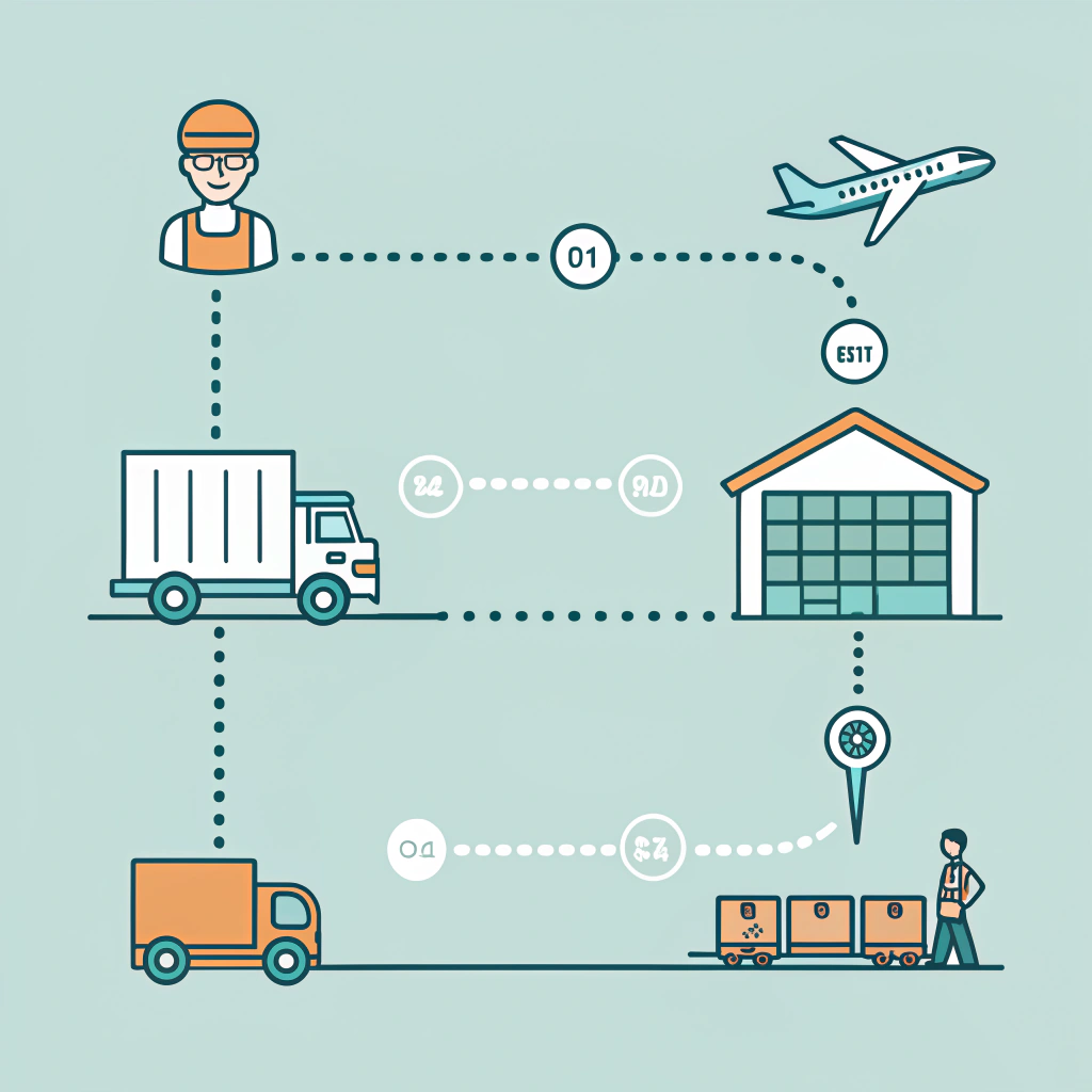 simplified UPS shipment timeline with icons of package and delivery steps ---