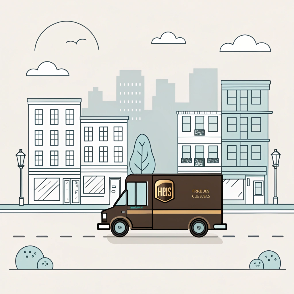 Simplified UPS delivery truck on route in urban setting for last mile delivery