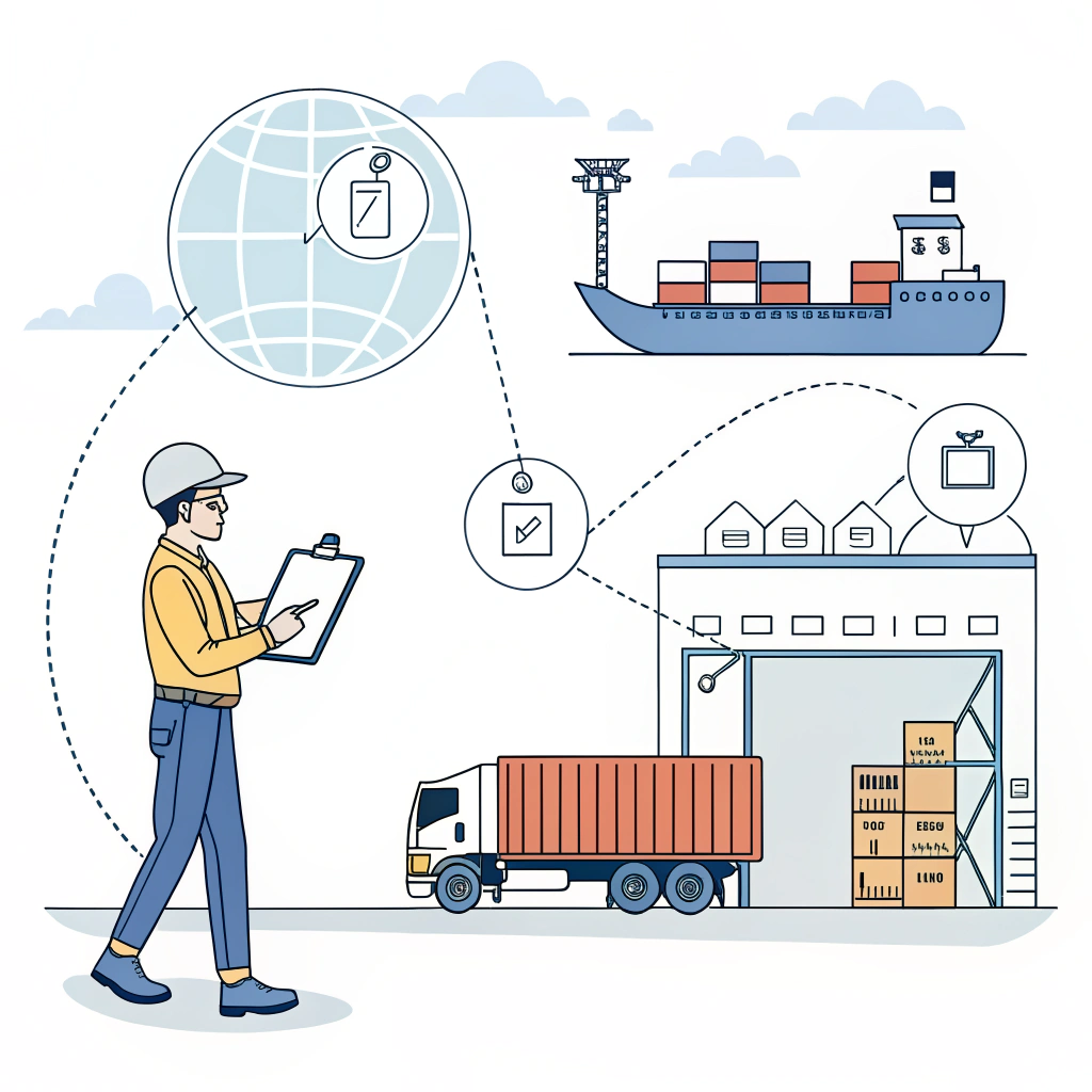 Minimalist illustration of freight forwarder handling EXW shipment with supplier pickup and cargo ship