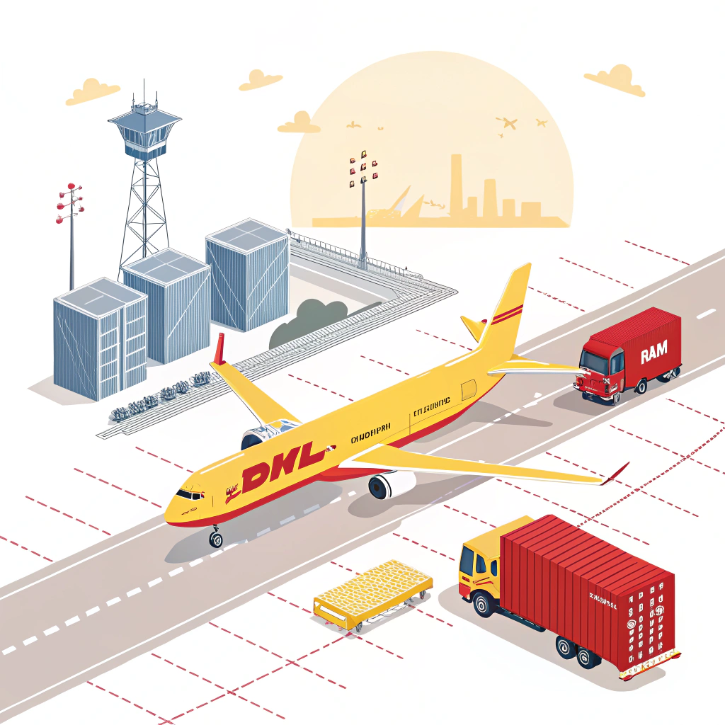 2D flat illustration of DHL cargo plane and logistics at Chinese airport