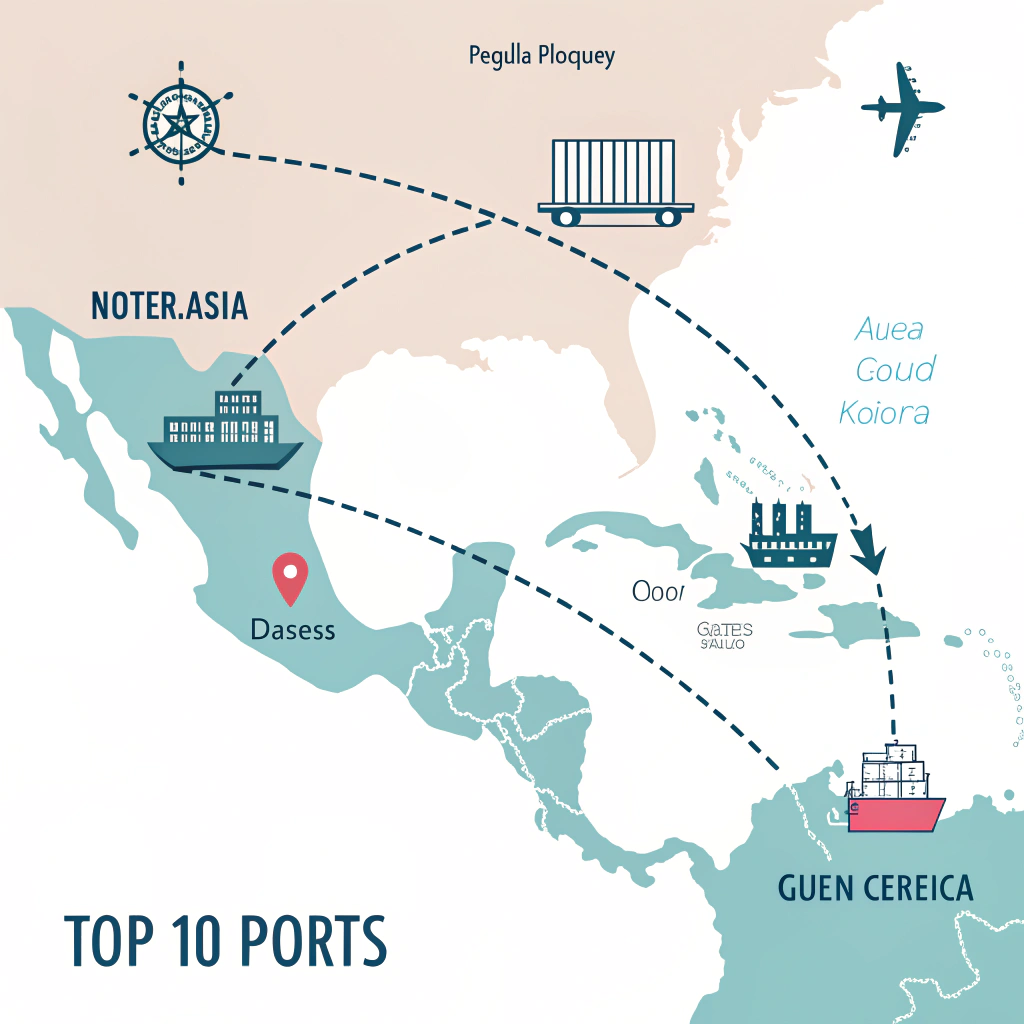 Simplified 2D map showing Mexico’s top ports and global shipping routes