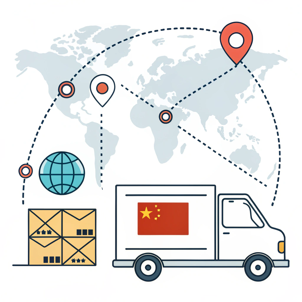 Minimal 2D illustration of global EMS shipping from China with delivery van and tracking icons