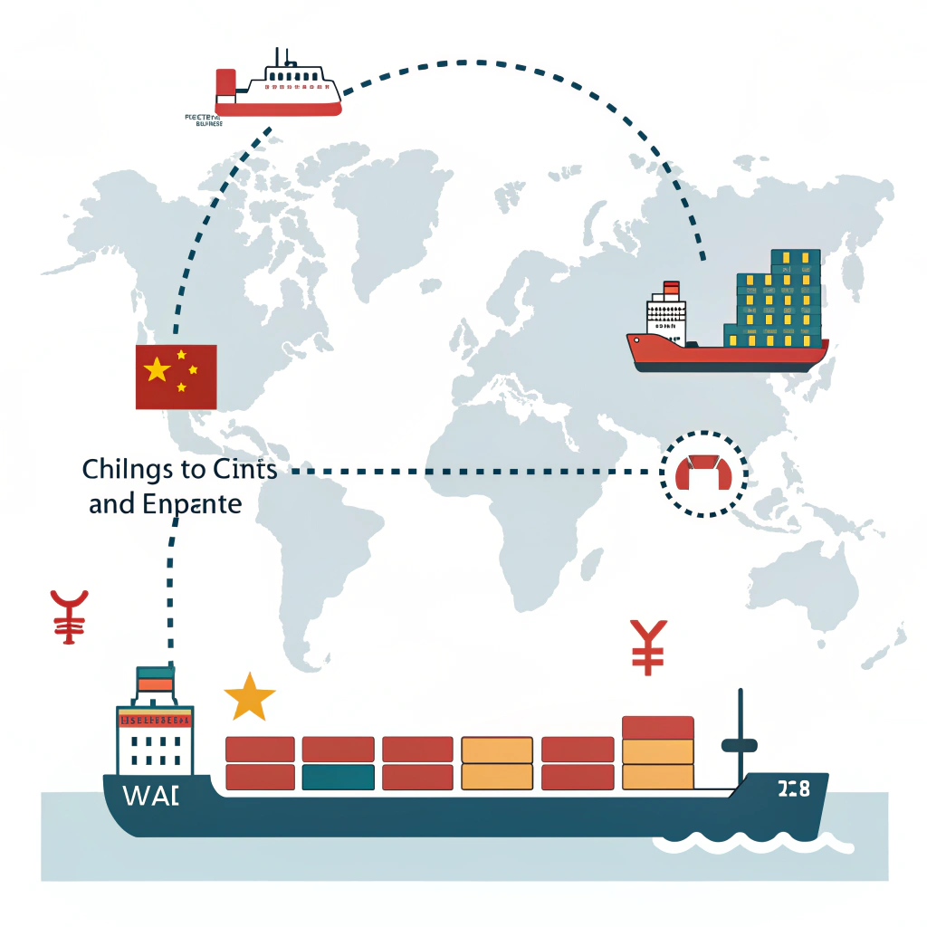 Simplified illustration of CPT shipping route from China to Europe with customs and unloading icons