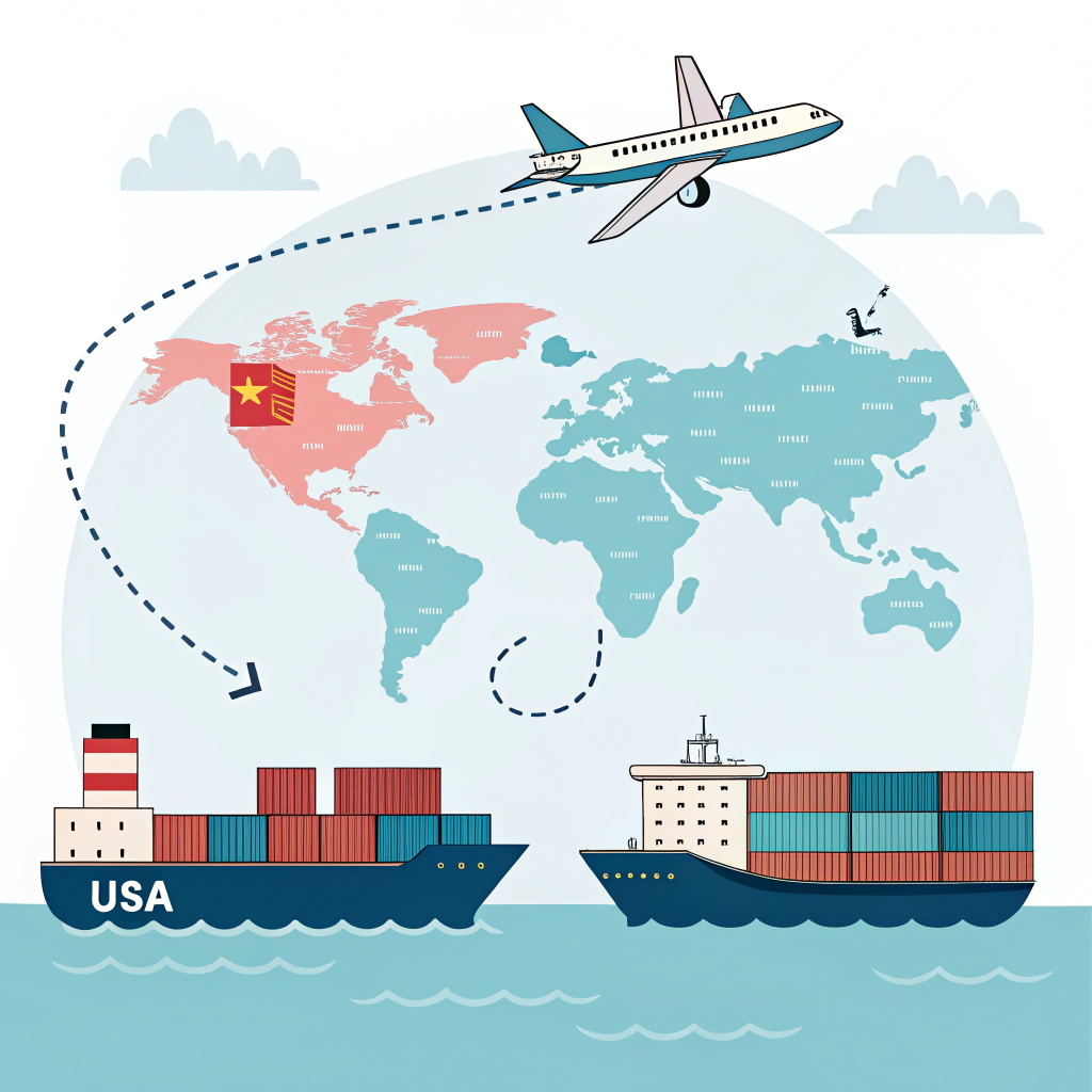 Minimalist 2D illustration of cargo ship and airplane symbolizing China to USA shipping routes