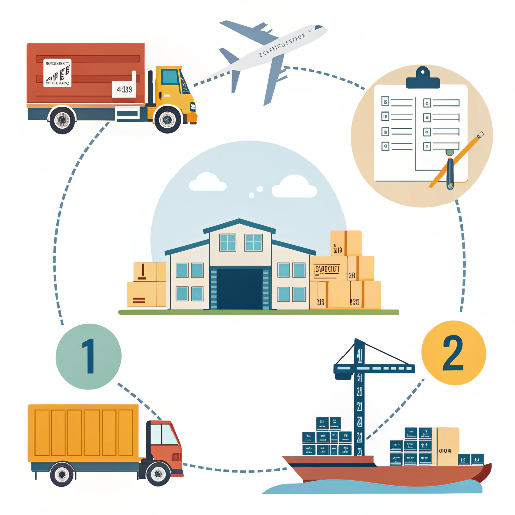 Simplified vector illustration of freight forwarder managing EXW shipment steps ---