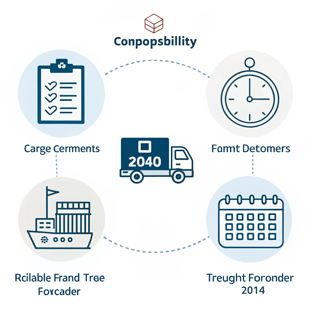 icons representing cargo compatibility, paperwork, transit time, and reliability ---