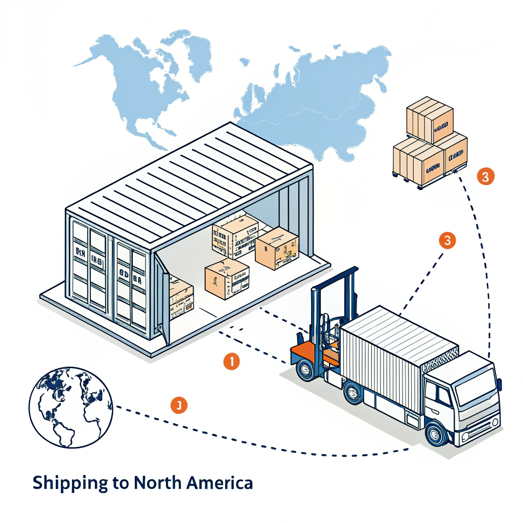 Minimalist illustration of cargo consolidation into one shipping container in warehouse for LCL shipping
