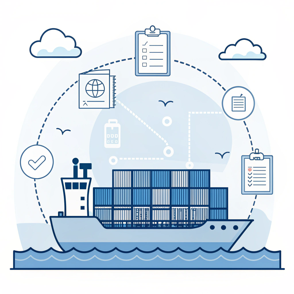 abstract 2D illustration of cargo ship, containers, and document icons for freight forwarding