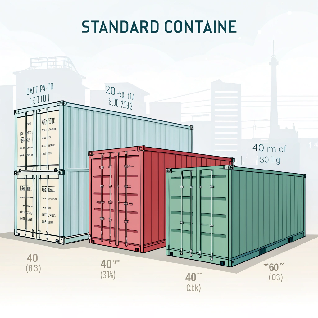 minimalist 2D illustration of three different sized shipping containers side by side