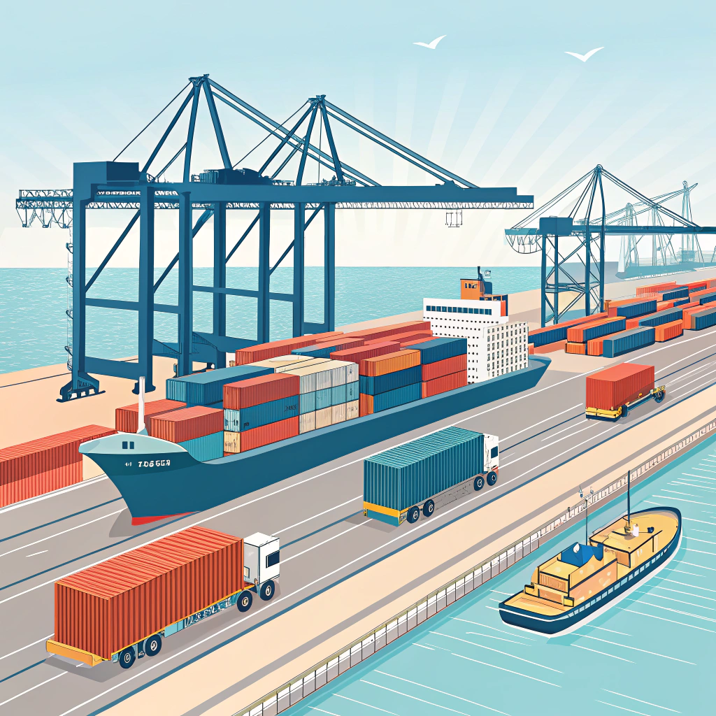 Simplified 2D illustration of a busy container port with cranes and rail connections