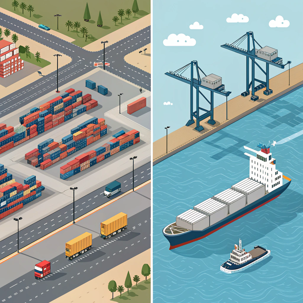 Contrasting 2D illustration of congested and efficient port operations side by side