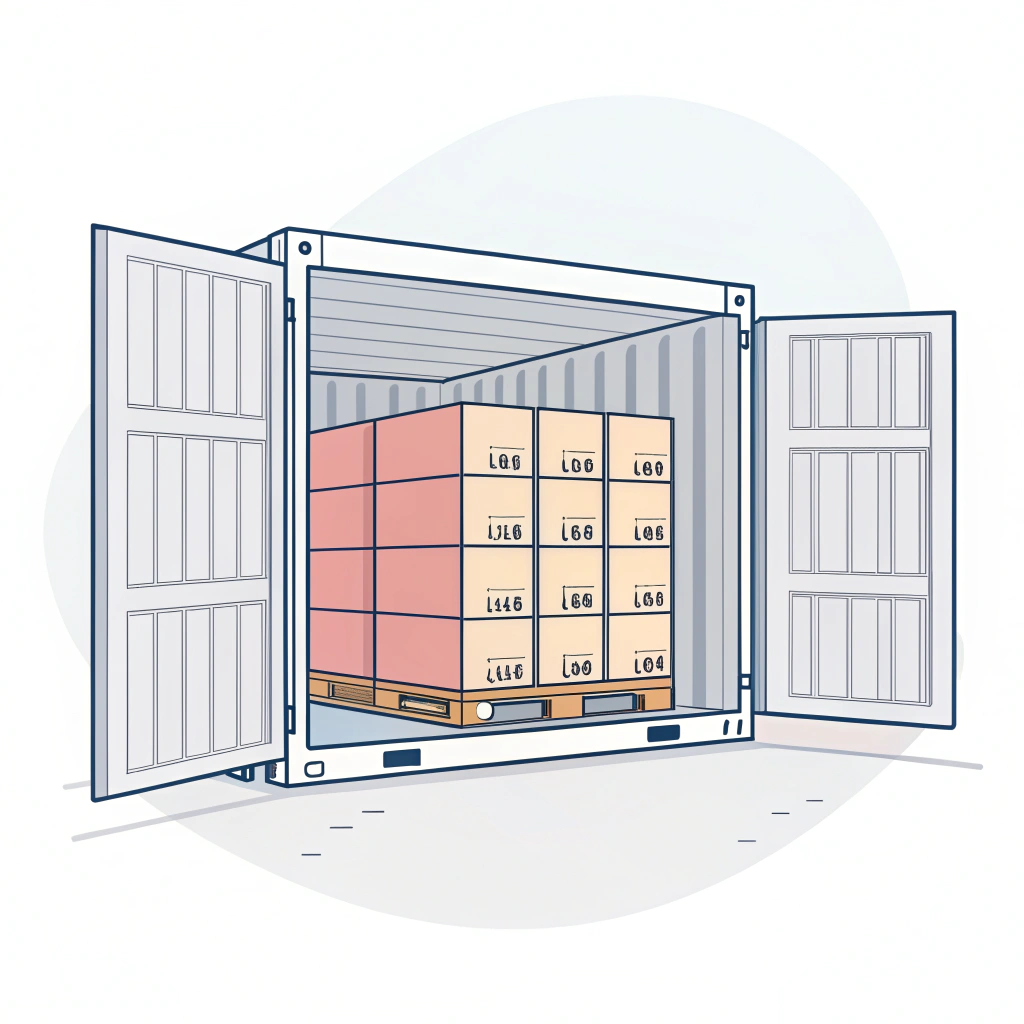 Simplified 2D illustration showing efficient cargo loading and stacking inside a shipping container