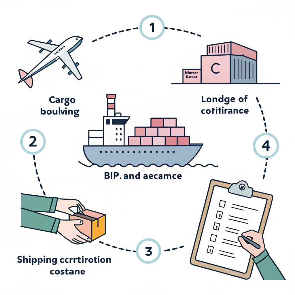 Illustrated freight forwarding steps involving Bill of Lading and cargo transport