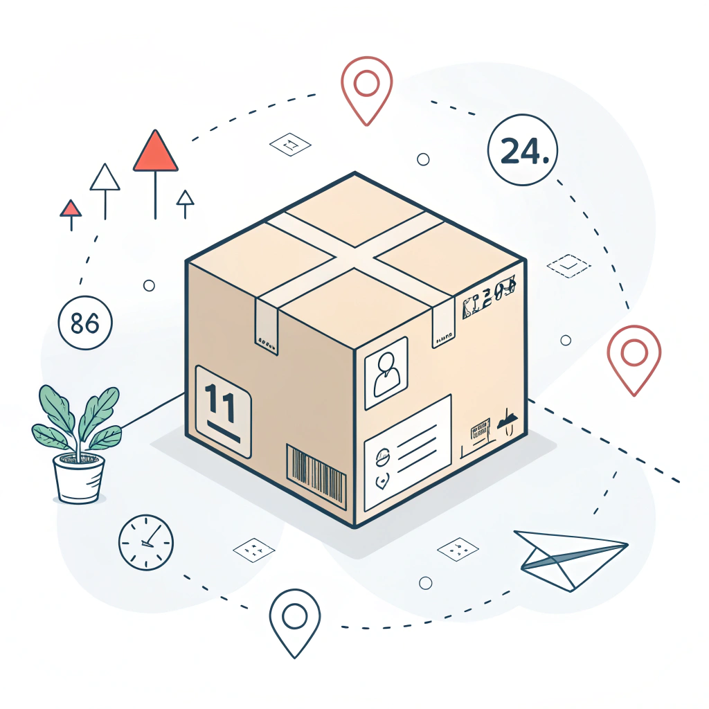 Minimalistic parcel with a digital shipping label starting UPS international shipment