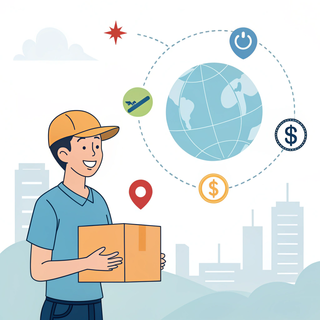 Business owner happily receiving EMS parcel symbolizing reliable affordable shipping