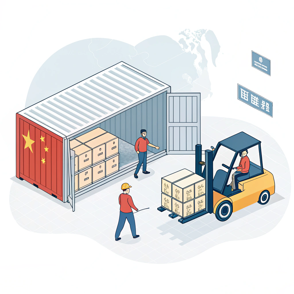 Minimalistic illustration of cargo loading into a shipping container in a Chinese warehouse
