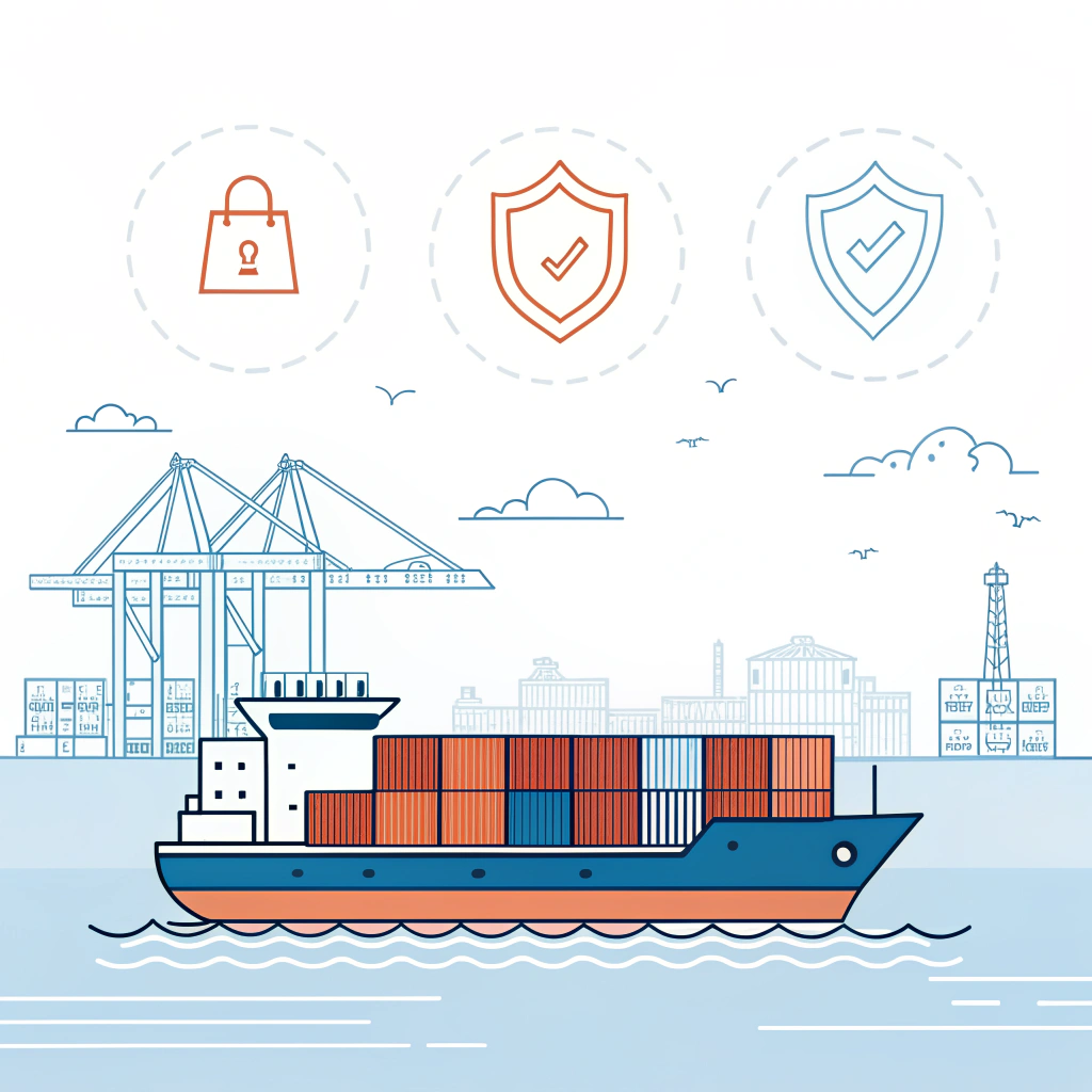 Simplified 2D illustration of cargo ship and icons for cost, insurance, and freight