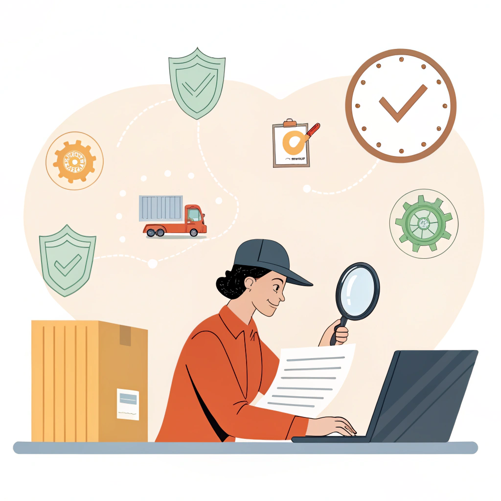 Freight forwarder carefully checking Bill of Lading with caution icons and checklist