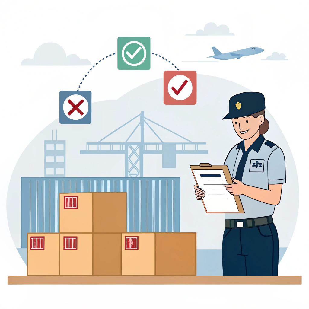 Simple vector illustration of customs inspection and clearance for international cargo