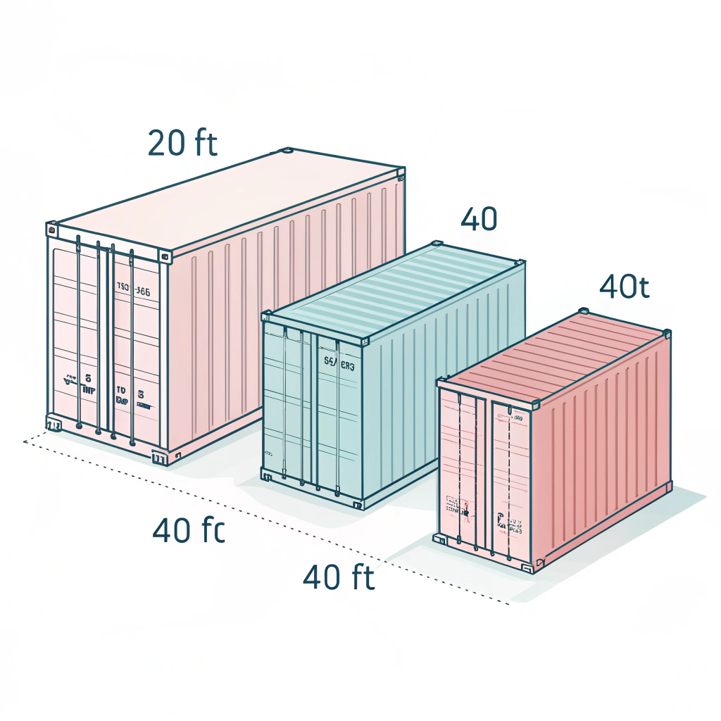 Simplified 2D illustration comparing 20ft, 40ft, and 40ft high cube containers side by side