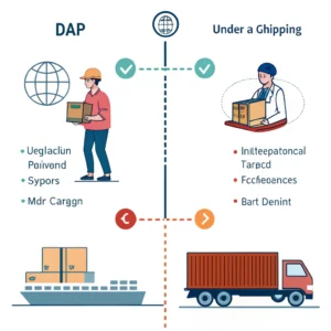 Minimalist 2D illustration of seller and buyer roles in international DAP shipping process